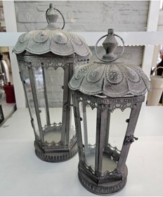 Resim ALANYA HOME DECOR Decorative Lanterns 2 Pcs METAL MAT GRİ ESKİTME 2 li BÜYÜK FENER 