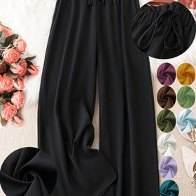 Resim Kadınların Büyük Beden Yeşil Geniş Bacaklı Pantolonları - Esnek Olmayan, Düz Bacaklı, Bahar/Yaz Modası, Bağcıklı Bel, Rahat Giyim, Geniş Bacaklı Moda, Bağcıklı Bel Bandı, Büyük Beden Pantolonları 