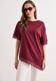 Resim Olalook Kadın Bordo Asimetrik Dantel Detaylı Pamuk Tunik Tişört TSH-19000939 