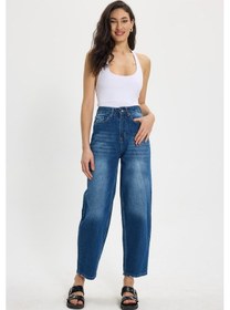 Resim Tudors Kadın Relax Fit Rahat Kesim %100 Pamuk Cepli Geniş Paça Lacivert Jean Kot Pantolon-50730 