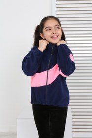 Resim Toontoy Kız Çocuk Dik Yaka Fermuarlı Renk Bloklu Reglan Kol Polar Hırka - Beli Ayarlanabilir Lastikl 