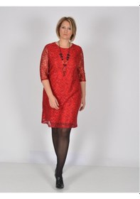 Resim Nidya Moda Büyük Beden Midi Kolelbise-4009Bdk Kırmızı 