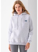 Resim Kadın Kapüşonlu Taşlı Fiyonk Nakışlı 3ip Sweatshirt Gri - 2623 Gri 