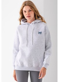 Resim Kadın Kapüşonlu Taşlı Fiyonk Nakışlı 3ip Sweatshirt Gri - 2623 Gri 