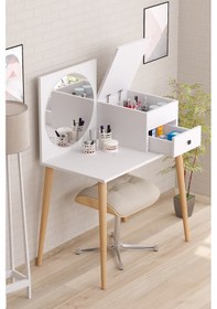 Resim Bicabin Elsa Aynalı Çekmeceli Organizer Dolaplı Ahşap Ayaklı Makyaj Masası -Beyaz 