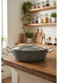 Resim Bonetti Granit Pilav Tenceresi & Karnıyarık Tenceresi Cam Kapaklı, Metal Kulp 26 Cm Gri 