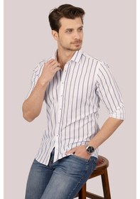 Resim Erkek Beyaz Lacivert Çizgili Slimfit Kutulu Gömlek Beyaz - Lacivert 