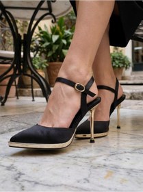 Resim Nesilshoes Nesil Shoes Uraz 600 Siyah Saten Altın Topuklu Kadın Sandalet 