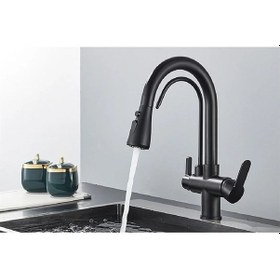 Resim Mutfak Eviye Bataryası Kısa Model Su Arıtma Çıkışlı Led Fıskiye Spiralli Siyah 