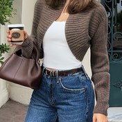 Resim Kadınlar için Şık Akrilik Örgü Kazak, Tek Renk, Kazak Yaka, Uzun Kollu, Kısa Uzunluk, İlkbahar/Sonbahar için 