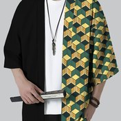 Resim Erkeklerin Rahat Geometrik Desenli Kimono Ceketi - Hafif Polyester, Nefes Alabilen Yaz Stili, Siyah ve Sarı Yeşil, Anime Sevdalıları için Mükemmel, Rahat Uygunluk, Yetişkin, Anime İlhamlı Ceket|Geometrik Desenli Ceket|Polyester Kimono, Kimono Ceketi 