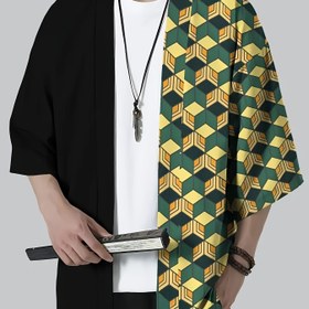 Resim Erkeklerin Rahat Geometrik Desenli Kimono Ceketi - Hafif Polyester, Nefes Alabilen Yaz Stili, Siyah ve Sarı Yeşil, Anime Sevdalıları için Mükemmel, Rahat Uygunluk, Yetişkin, Anime İlhamlı Ceket|Geometrik Desenli Ceket|Polyester Kimono, Kimono Ceketi 