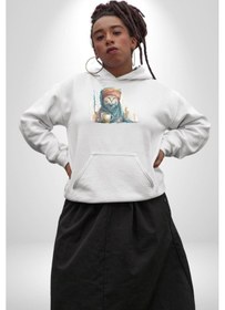 Resim Türk Kahvesi Kedi Kadın Erkek Beyaz Kapüşonlu Sweatshirt Hoodie Beyaz 