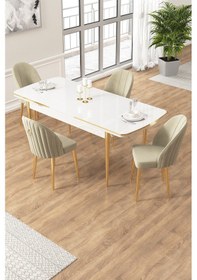 Resim Canisa Edaf Serisi 80x132 Açılabilir Beyaz Mutfak Masa Takımı 4 Krem Sandalye Gold Detay Masa Beyaz Sandalye Cappucino Ayak Gold 