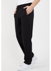 Resim Siyah Erkek Fermuar Cep Nakış Detaylı Düz Paça Rahat Kesim Eşofman Altı 