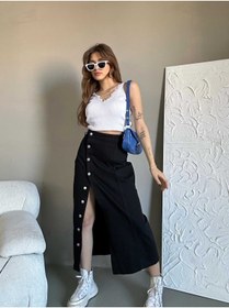 Resim Swet Shop Jeans Kadın Önü Düğmeli Uzun Boy Siyah Likralı Kot Etek 