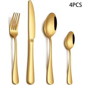 Resim 4 Parça Altın Şık Çatal Bıçak Kaşığı Seti, Lüks Ağır Paslanmaz Çelik - Yemek Bıçağı, Çatal ve Tatlı Kaşığı Dahil - Ayna Cila Kaplama, Aile Toplantıları, Tatiller, Yüksek Kaliteli Restoranlar ve Düğünler İçin İdeal 
