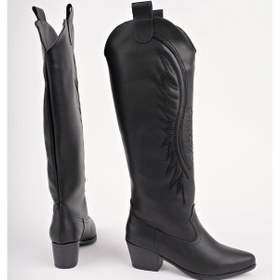 Resim Muggo Rodeo Dikiş Detaylı Kalın Topuklu Kovboy Kadın Çizme siyah 