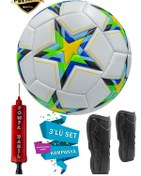 Resim Şampiyonlar Ligi Futbol Topu Dizlik Ve Pompa İ 3'lü Set Sert... Sarı - Yeşil 