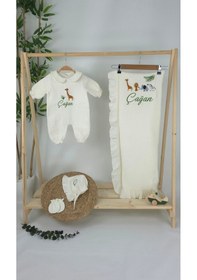 Resim Gros Shop Müslin Yeni Doğan 4katlı Organik %100pamuk Kişiye Özgü Nakışlı Hastane Çıkış Seti-safari Model-2 Ekru-1 