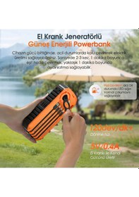 Resim 20000 Mah Solar Powerbank - El Kranklı, Dahili Kablolu Taşınabilir Su Geçirmez Powerbank Siyah - Turuncu 