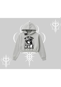 Resim Kapşonlu Crop Sweatshirt Do You Want Play With Me Anime Kız Baskılı Gri 