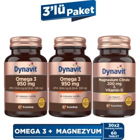 Resim Dynavit Omega 3 950 mg 30 Yumuşak Kapsül x2&Magnesium Citrate 200 mg, Vitamin D 60 Tablet-3'lü Destek Paketi 