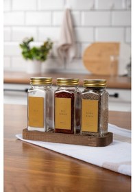 Resim Mienda Home 3'lü Ahşap Standlı Cam Baharatlık Seti Gold Kapaklı Etiketli Baharatlık Takımı Gold - Şeffaf 