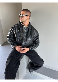 Resim Terapi Men Siyah Oversize Dolgulu Bomber Deri Ceket Siyah 