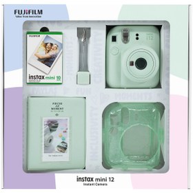 Resim Fujifilm Instax mini 12 Yeşil Fotoğraf Makinesi 10'lu Film Simli Pleksi Kılıf PVC Albüm ve Kıskaçlı Resim Sta 
