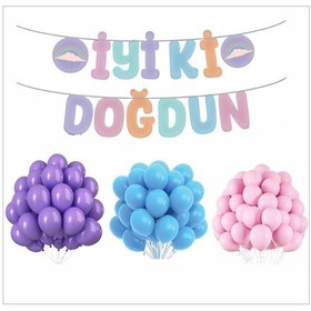 Resim Makaron Banner+ Mor, Mavi, Pembe Balon Seti 
