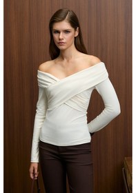Resim Grimelange Selunette Kadın Asimetrik Yakalı Omuzu Açık Esnek Kumaşlı Vücudu Saran Slim Fit Ekru Bluz Ekru 