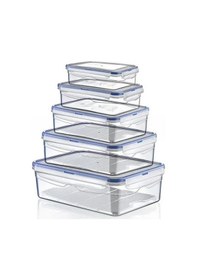 Resim 5'li Sızdırmaz Dikdörtgen Kilitli Kapak Saklama Kabı 0.5 + 0.85 + 1.8 + 3 + 6 L Şeffaf 