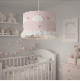 Resim Bulut & Yıldız Detaylı Bebek Odası Avizesi El Yapımı Pudra 