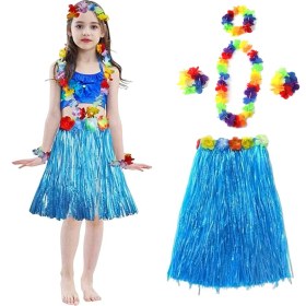 Resim Hediye Bahçesi Yetişkin ve Çocuk Uyumlu Hawaii Luau Aloha Mavi Püsküllü Etek Kolye Taç ve 2 Adet Bileklik Seti 