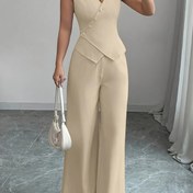 Resim Kadın 2 parça Zarif Düz Renk V Yaka Kolsuz Üst ve Geniş Bacaklı Pantolon Seti, Polyester 95. Elastan 5., Düğme Detayı, Bahar/Yaz için Mükemmel, Rahat Kıyafet|V yaka Üst|Polietilen Karışımı 