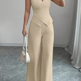 Resim Kadın 2 parça Zarif Düz Renk V Yaka Kolsuz Üst ve Geniş Bacaklı Pantolon Seti, Polyester 95. Elastan 5., Düğme Detayı, Bahar/Yaz için Mükemmel, Rahat Kıyafet|V yaka Üst|Polietilen Karışımı 