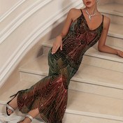 Resim Kadınlar İçin Şık Derin V Yaka Parti Elbisesi - Uzun Püsküllü, Gecelik, Düğün, Balo, Gala - Saydam Olmayan Resmi Kıyafet, Düğün Misafiri için Elegan Akşamlık, Kolsuz Siluet, Orta Esneklikli Kumaş 