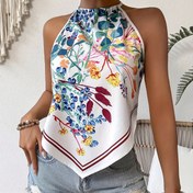 Resim Kadınların Hafif %100 Polyester Asimetrik Boyun Üstü - Yaz Tatili, Plaj ve Günlük Geziler için Canlı Bitki Baskılı Kolsuz Gömlek 