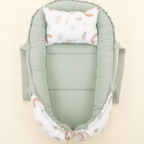 Resim Babynest ve Yastık - Çift Taraflı - Yeşil Petek - Kahverengi Gökkuşağı 