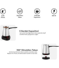 Resim Elektrikli Türk Kahve Makinesi, 6 Fincan, Paslanmaz Çelik, 600W, Şık ve Kullanışlı 