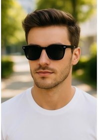 Resim Uv 400 Korumalı Polarize Siyah Çerçeve Detaylı Şık Stil Unisex Güneş Gözlüğü Metal Menteşeli Gözlük Siyah 