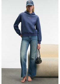 Resim Grimelange MELUREA Kadın Nakışlı Kapüşonlu Comfort Fit Koyu Mavi Sweatshirt 
