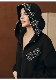 Resim Afri Lüks İnci Detaylı Taş Dizimli Kapüşonlu Siyah Eşofman Takımı Fermuarlı Sweatshirt & Pantolon Takım Siyah 