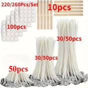 Resim 220/260 adet Fitil Seti, 1 inç / 3.94 inç / 6 inç (2.6 cm / 10 cm / 15 cm) Fitiller, Sütun Mumları ve Mum DIY için 10 Fitil Tutucu ve 100 Fitil Etiket Çıkartması, Siyah Duman Olmadan Yanar 