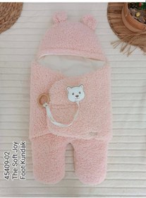 Resim Yenidoğan Kulaklı Şapkalı Açılır Kucaklı Cırt Kapamalı Ayaklı Bebek Battaniyesi Kundak Pembe Pembe 
