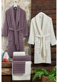 Resim Elart Soft Bornoz Aile Seti 6 Parça 70x135 Cm Mürdüm - Krem Mürdüm 