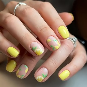 Resim Güzelliğinizi Gösterin 24 Adet Kısa Kare Basit Şık Sarı Parlak Limon Yaprağı Fransız Sahte Tırnak Seti, Bahar ve Yaz Kadınlar İçin Günlük Kullanım için Moda Çok Yönlü Press-On Tırnak Seti Jeli Tutkal ve Törpüyle 