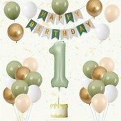Resim 31 adet Ihlamur Yeşili Retro Doğum Günü Balon Seti ile Sayı "2.54cm - İçerir "Mutlu Doğum Günü" Bayrağı, Zeytin Yeşili ve Altın Balonlar, 32 İnç Folyo Balon Parti Dekorasyonu için, Bahçe Partisi, Gençler Duşu ve Parti Dekorasyonu 
