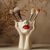 Resim 1 adet Şık Makyaj Fırça Düzenleyici Kırmızı Dudak Tasarımı ile - Hafif Sentetik Reçine Kozmetik Depolama Tutucu, Banyo veya Makyaj Masası için Serbest Duran Masaüstü Düzenleyici, Makyaj Masası 